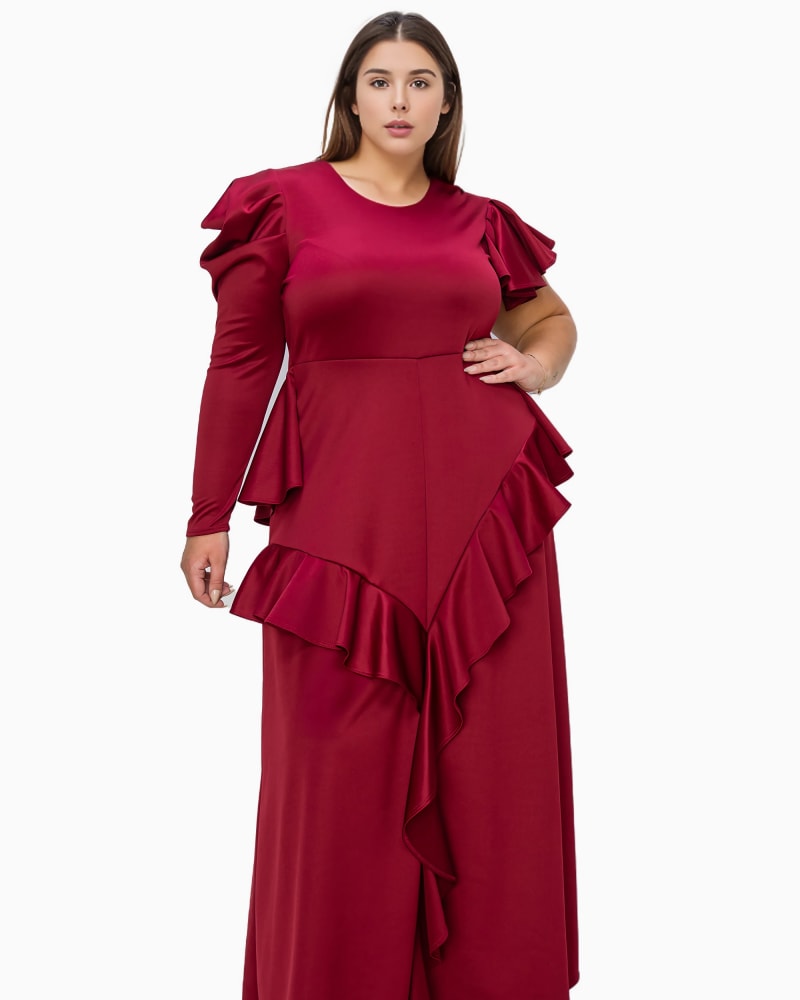 Front of a model wearing a size 3X Vivienne Ruffled Maxi Dress in Burgundy by L I V D. | dia_product_style_image_id:323875